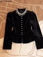 Blusen für Damen, schwarz, mit schweren Perlen verziert, O-Ausschnitt, Puffärmel-Hemden, 2025, Blusas Mujer De Moda, schmale Passform, Samt-Vintage-Blusen-Tops - flohmarkt-deutschland.shop
