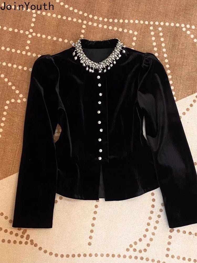 Blusen für Damen, schwarz, mit schweren Perlen verziert, O-Ausschnitt, Puffärmel-Hemden, 2025, Blusas Mujer De Moda, schmale Passform, Samt-Vintage-Blusen-Tops - flohmarkt-deutschland.shop