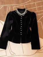 Blusen für Damen, schwarz, mit schweren Perlen verziert, O-Ausschnitt, Puffärmel-Hemden, 2025, Blusas Mujer De Moda, schmale Passform, Samt-Vintage-Blusen-Tops - flohmarkt-deutschland.shop