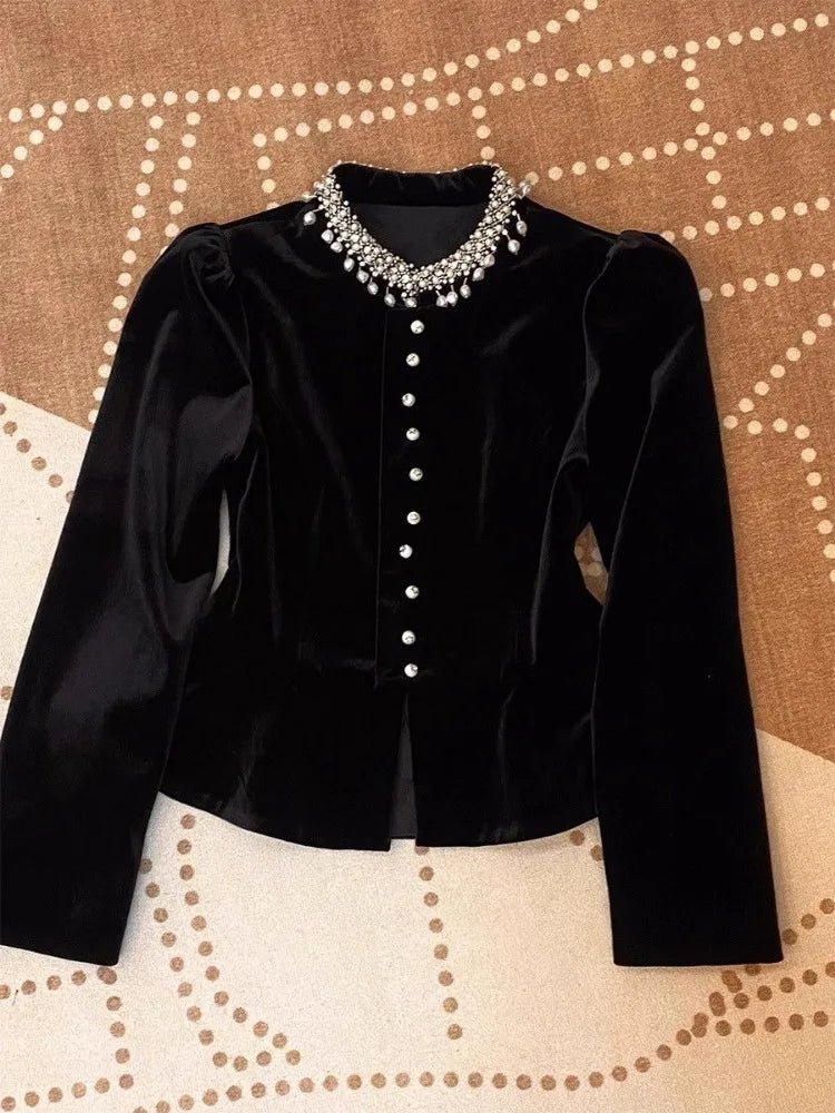 Blusen für Damen, schwarz, mit schweren Perlen verziert, O-Ausschnitt, Puffärmel-Hemden, 2025, Blusas Mujer De Moda, schmale Passform, Samt-Vintage-Blusen-Tops - flohmarkt-deutschland.shop