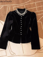 Blusen für Damen, schwarz, mit schweren Perlen verziert, O-Ausschnitt, Puffärmel-Hemden, 2025, Blusas Mujer De Moda, schmale Passform, Samt-Vintage-Blusen-Tops - flohmarkt-deutschland.shop