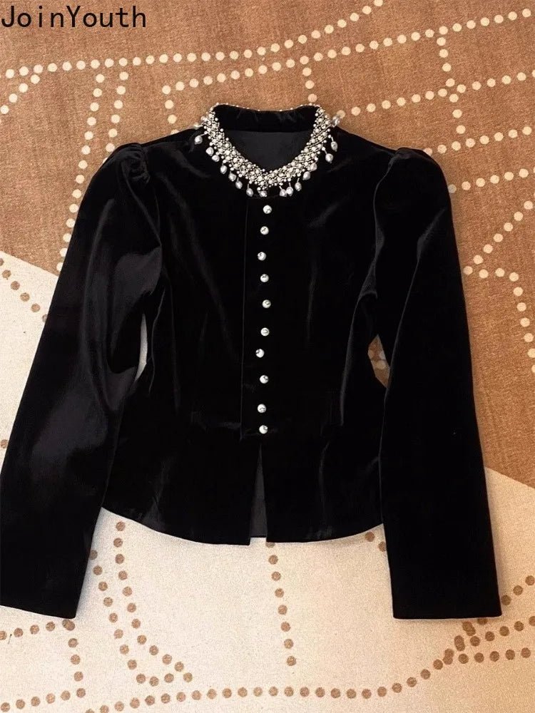 Blusen für Damen, schwarz, mit schweren Perlen verziert, O-Ausschnitt, Puffärmel-Hemden, 2025, Blusas Mujer De Moda, schmale Passform, Samt-Vintage-Blusen-Tops - flohmarkt-deutschland.shop