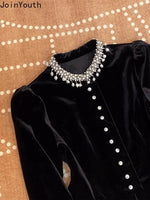 Blusen für Damen, schwarz, mit schweren Perlen verziert, O-Ausschnitt, Puffärmel-Hemden, 2025, Blusas Mujer De Moda, schmale Passform, Samt-Vintage-Blusen-Tops - flohmarkt-deutschland.shop