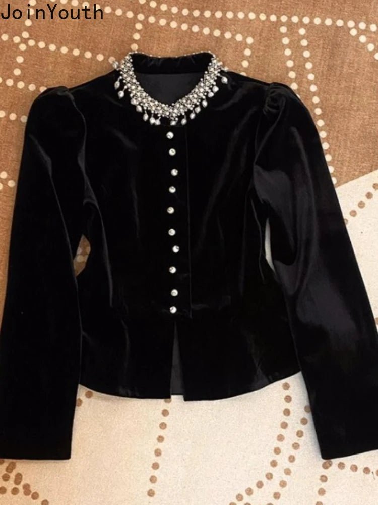 Blusen für Damen, schwarz, mit schweren Perlen verziert, O-Ausschnitt, Puffärmel-Hemden, 2025, Blusas Mujer De Moda, schmale Passform, Samt-Vintage-Blusen-Tops - flohmarkt-deutschland.shop