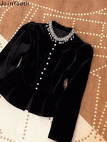 Blusen für Damen, schwarz, mit schweren Perlen verziert, O-Ausschnitt, Puffärmel-Hemden, 2025, Blusas Mujer De Moda, schmale Passform, Samt-Vintage-Blusen-Tops - flohmarkt-deutschland.shop