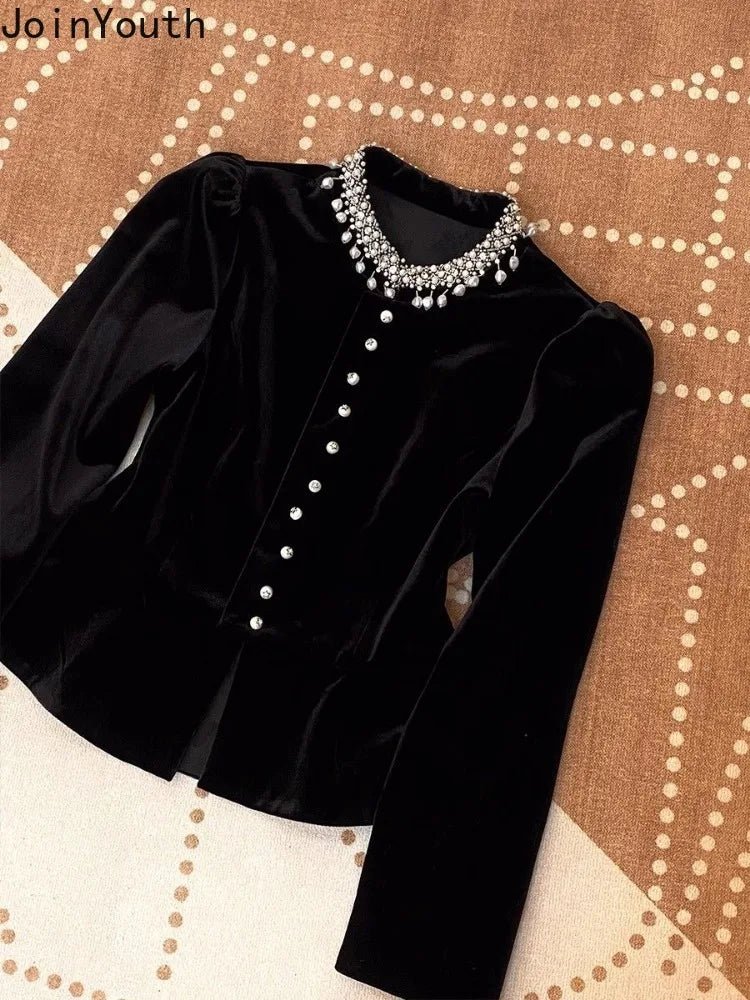 Blusen für Damen, schwarz, mit schweren Perlen verziert, O-Ausschnitt, Puffärmel-Hemden, 2025, Blusas Mujer De Moda, schmale Passform, Samt-Vintage-Blusen-Tops - flohmarkt-deutschland.shop