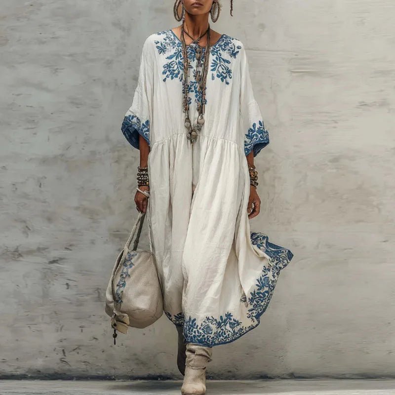 Böhmisches Frühlings-Blumenmuster A-Linien-Maxikleid Damen Langarm O-Ausschnitt Lässiges Kaftan-Kleid Neues Sommer Vintage Ethnisches Strandkleid - flohmarkt-deutschland.shop