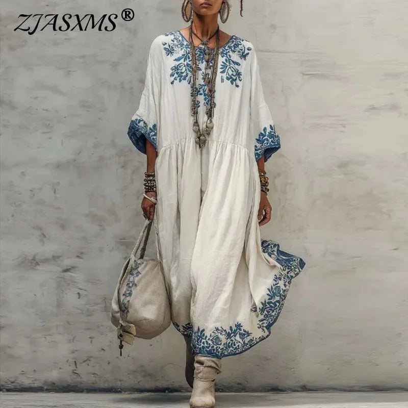 Böhmisches Frühlings-Blumenmuster A-Linien-Maxikleid Damen Langarm O-Ausschnitt Lässiges Kaftan-Kleid Neues Sommer Vintage Ethnisches Strandkleid - flohmarkt-deutschland.shop