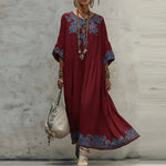 Böhmisches Frühlings-Blumenmuster A-Linien-Maxikleid Damen Langarm O-Ausschnitt Lässiges Kaftan-Kleid Neues Sommer Vintage Ethnisches Strandkleid - flohmarkt-deutschland.shop