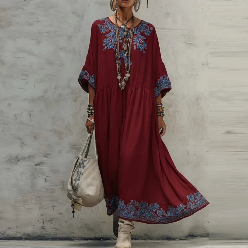 Böhmisches Frühlings-Blumenmuster A-Linien-Maxikleid Damen Langarm O-Ausschnitt Lässiges Kaftan-Kleid Neues Sommer Vintage Ethnisches Strandkleid - flohmarkt-deutschland.shop
