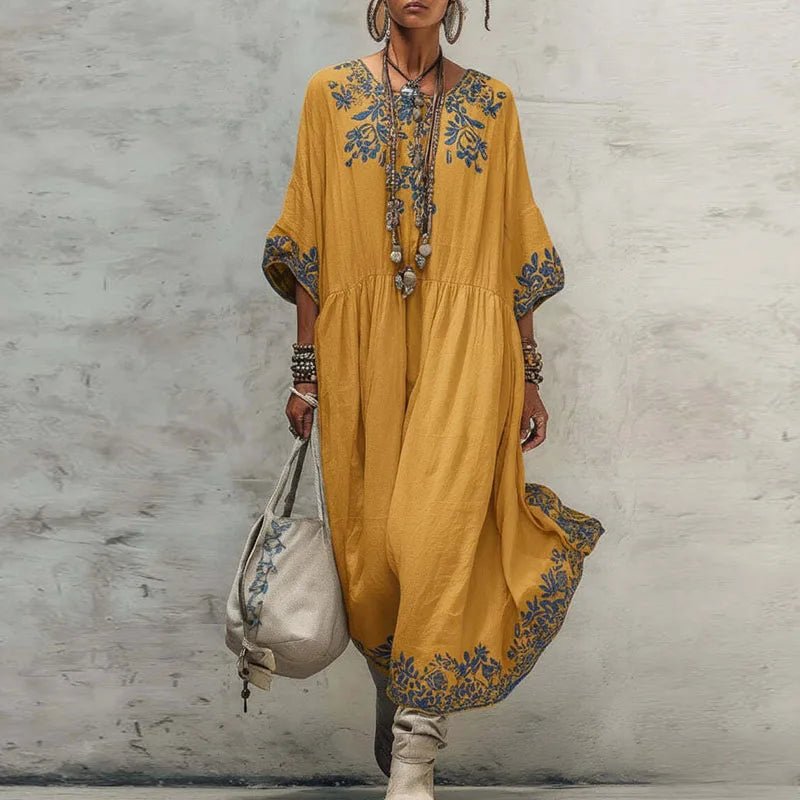 Böhmisches Frühlings-Blumenmuster A-Linien-Maxikleid Damen Langarm O-Ausschnitt Lässiges Kaftan-Kleid Neues Sommer Vintage Ethnisches Strandkleid - flohmarkt-deutschland.shop