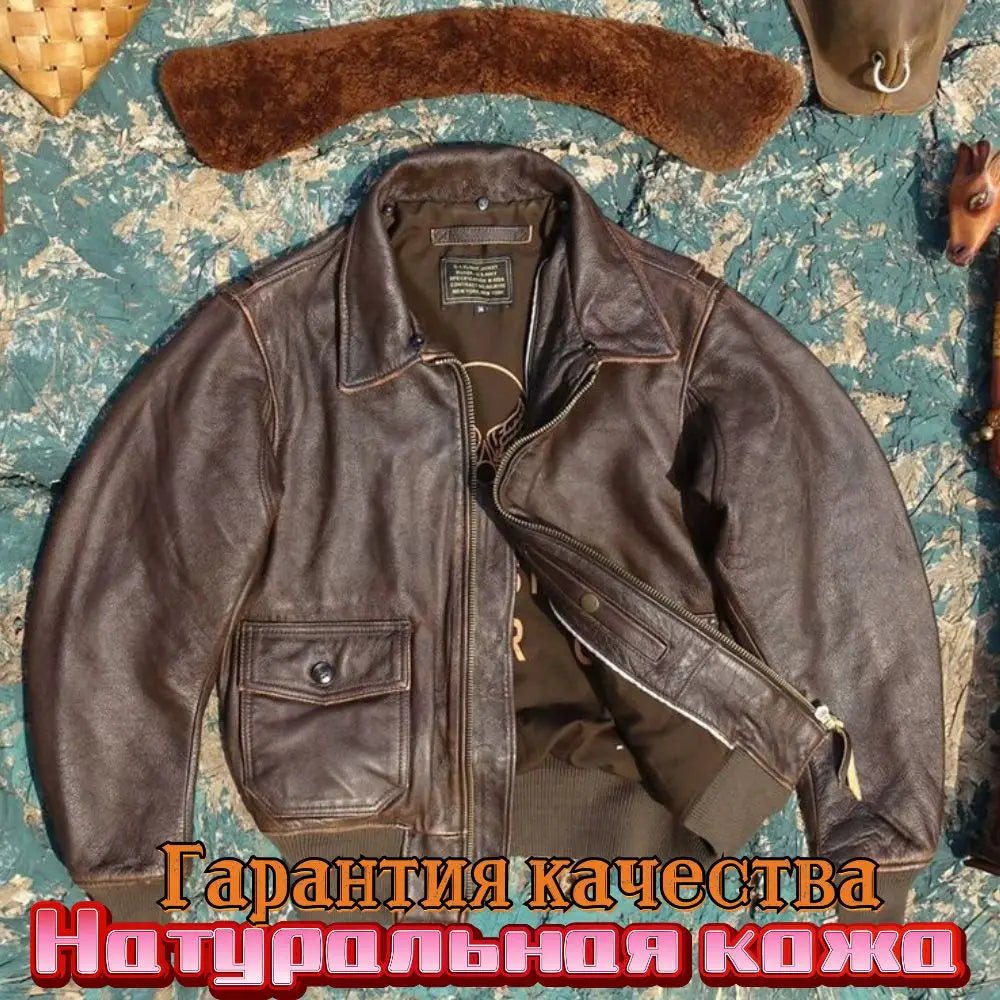 Brown Jacke aus natürlichem Rindsleder. Vintage Plus Ledermantel.Übergroßes Oberteil aus gewaschenem Ledertuch,Air Force - flohmarkt-deutschland.shop