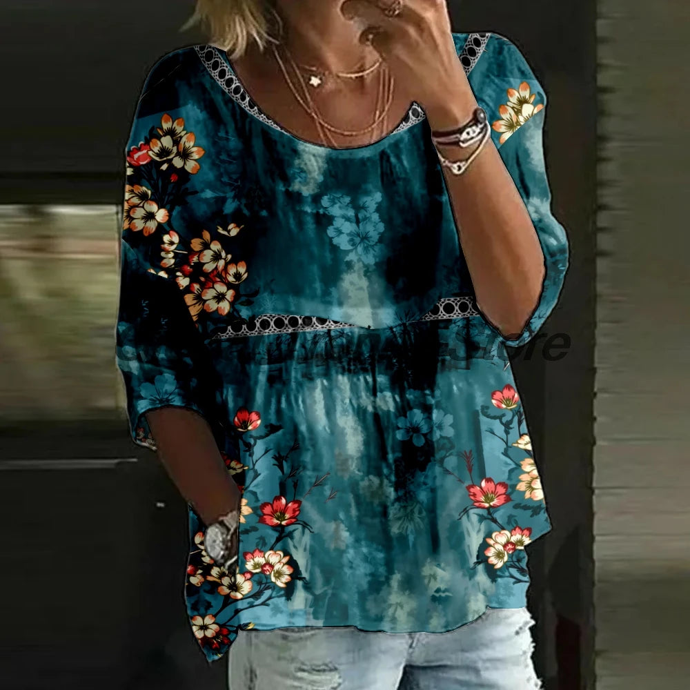 Women's Watercolor Floral Print 3/4 Sleeve Blouse Loose Fit Crew Neck Tunic Tops Lady's Daily Top Shirts