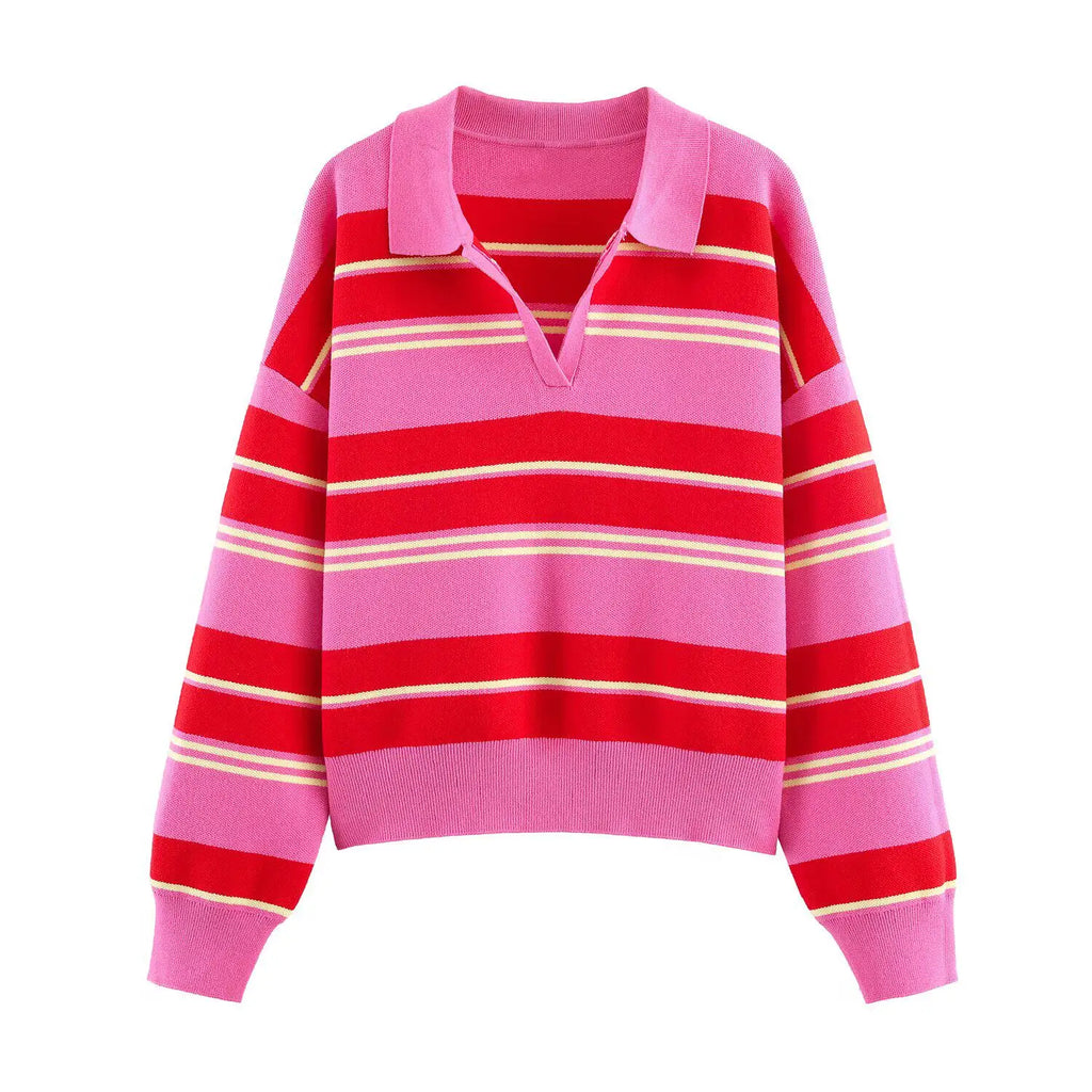 2026 Autumn New Women's Loose Long Sleeve Sweater Solid Color & Bold Stripe Lapel Top Street Fashion Long Sleeve Pullover