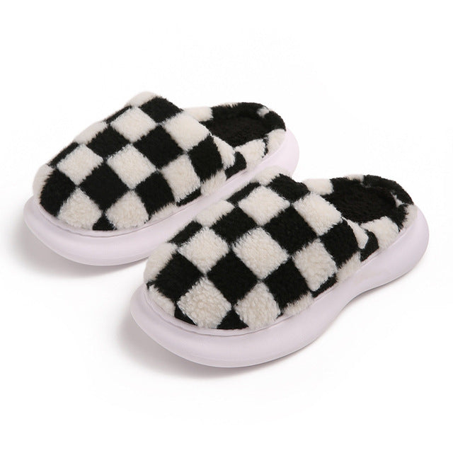 Plush Cotton Non-Slip Thick Bottom Plaid Slippers