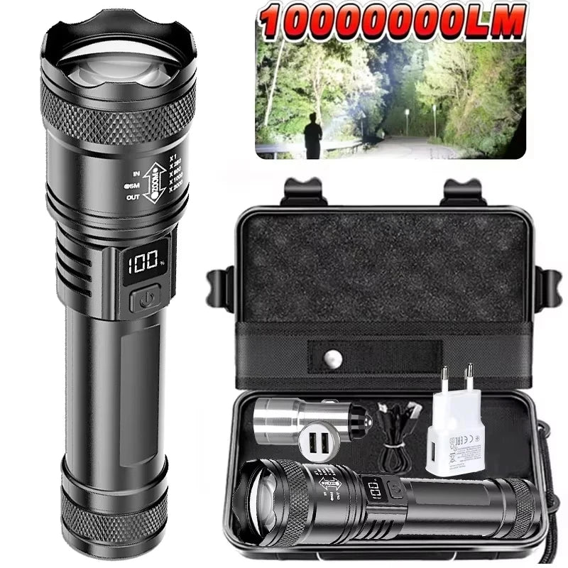 900000LM Powerful LED Flashlight Type-c Rechargeable Zoom Torch with Digital Display Handheld Flashlights for Camping Hiking