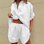 Casual Baumwolle Einfarbig Sets Frauen Kurzarm Lose Hemd Breite Bein Shorts Zwei Stück Set Frau Anzüge 2024 Sommer Outfits - flohmarkt-deutschland.shop