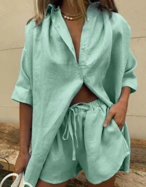 Casual Baumwolle Einfarbig Sets Frauen Kurzarm Lose Hemd Breite Bein Shorts Zwei Stück Set Frau Anzüge 2024 Sommer Outfits - flohmarkt-deutschland.shop