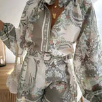 Casual Print Tops Shorts Sets Women's Loose Stand Collar Lantern Sleeve Top High Waist Short Pant 2025 Summer Lady Vacation Suit - flohmarkt-deutschland.shop
