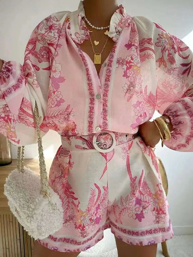 Casual Print Tops Shorts Sets Women's Loose Stand Collar Lantern Sleeve Top High Waist Short Pant 2025 Summer Lady Vacation Suit - flohmarkt-deutschland.shop