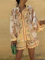 Casual Print Tops Shorts Sets Women's Loose Stand Collar Lantern Sleeve Top High Waist Short Pant 2025 Summer Lady Vacation Suit - flohmarkt-deutschland.shop