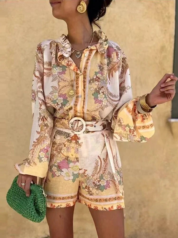 Casual Print Tops Shorts Sets Women's Loose Stand Collar Lantern Sleeve Top High Waist Short Pant 2025 Summer Lady Vacation Suit - flohmarkt-deutschland.shop