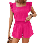 Casual Womens Clothing Anzugsets Damen Vacation Shorts Set Women's Square Neck Solid Color Lace Cropped Top Shorts Two-piece Set - flohmarkt-deutschland.shop