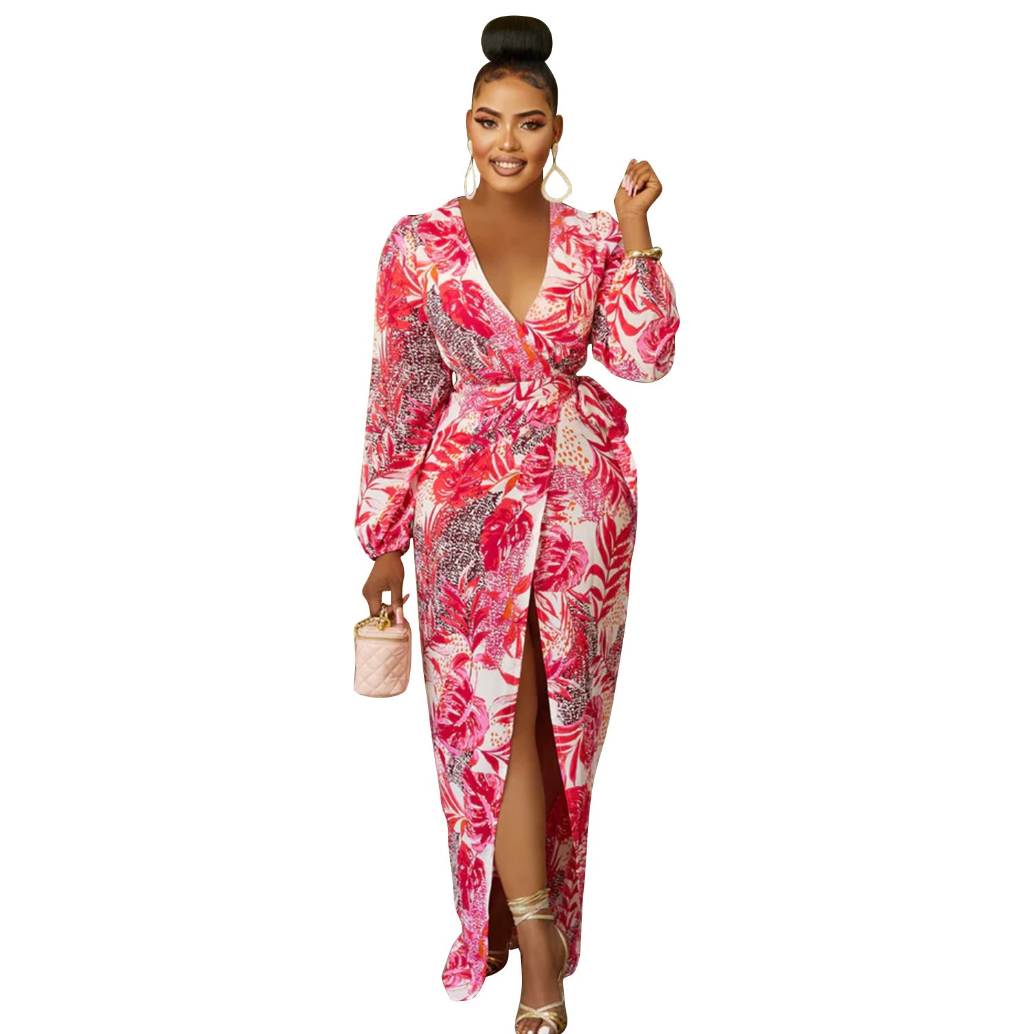 Women's V-neck Printed Long Sleeve Tie Dress