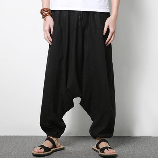 Men's Cotton Linen Loose Casual Harem Pants (Large)