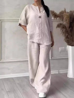Cotton Linen Sets Two 2 Pieces Sale Casual Long Sleeve Button Loose Blouse Shirt&High Elastic Wide Leg Loose Pant Suits NMD-3021 - flohmarkt-deutschland.shop