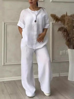 Cotton Linen Sets Two 2 Pieces Sale Casual Long Sleeve Button Loose Blouse Shirt&High Elastic Wide Leg Loose Pant Suits NMD-3021 - flohmarkt-deutschland.shop