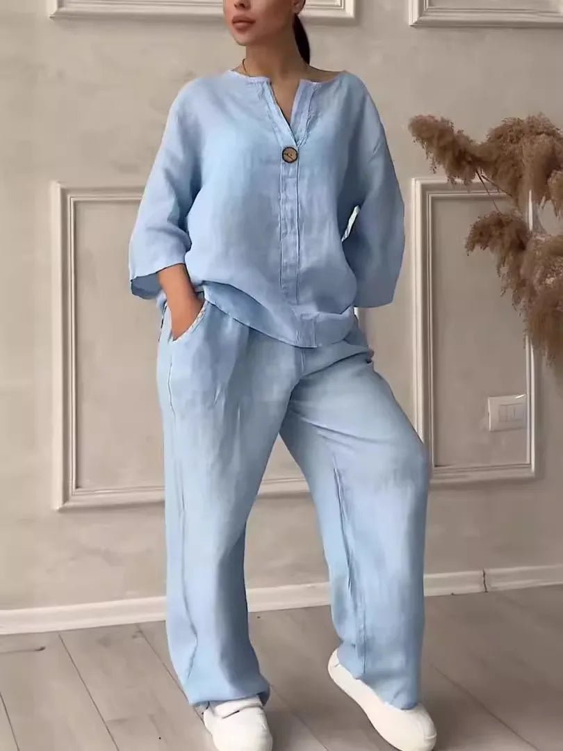 Cotton Linen Sets Two 2 Pieces Sale Casual Long Sleeve Button Loose Blouse Shirt&High Elastic Wide Leg Loose Pant Suits NMD-3021 - flohmarkt-deutschland.shop