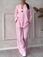 Cotton Linen Sets Two 2 Pieces Sale Casual Long Sleeve Button Loose Blouse Shirt&High Elastic Wide Leg Loose Pant Suits NMD-3021 - flohmarkt-deutschland.shop