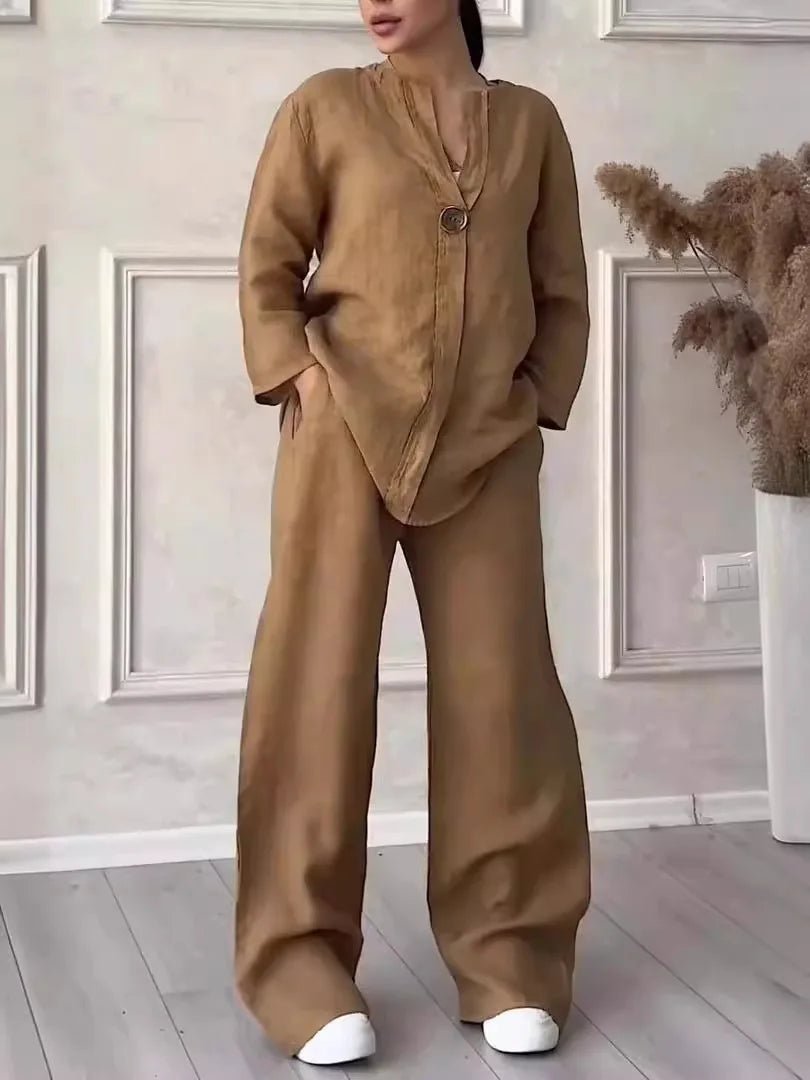 Cotton Linen Sets Two 2 Pieces Sale Casual Long Sleeve Button Loose Blouse Shirt&High Elastic Wide Leg Loose Pant Suits NMD-3021 - flohmarkt-deutschland.shop