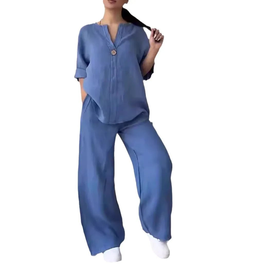 Cotton Linen Sets Two 2 Pieces Sale Casual Long Sleeve Button Loose Blouse Shirt&High Elastic Wide Leg Loose Pant Suits NMD-3021 - flohmarkt-deutschland.shop