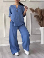Cotton Linen Sets Two 2 Pieces Sale Casual Long Sleeve Button Loose Blouse Shirt&High Elastic Wide Leg Loose Pant Suits NMD-3021 - flohmarkt-deutschland.shop