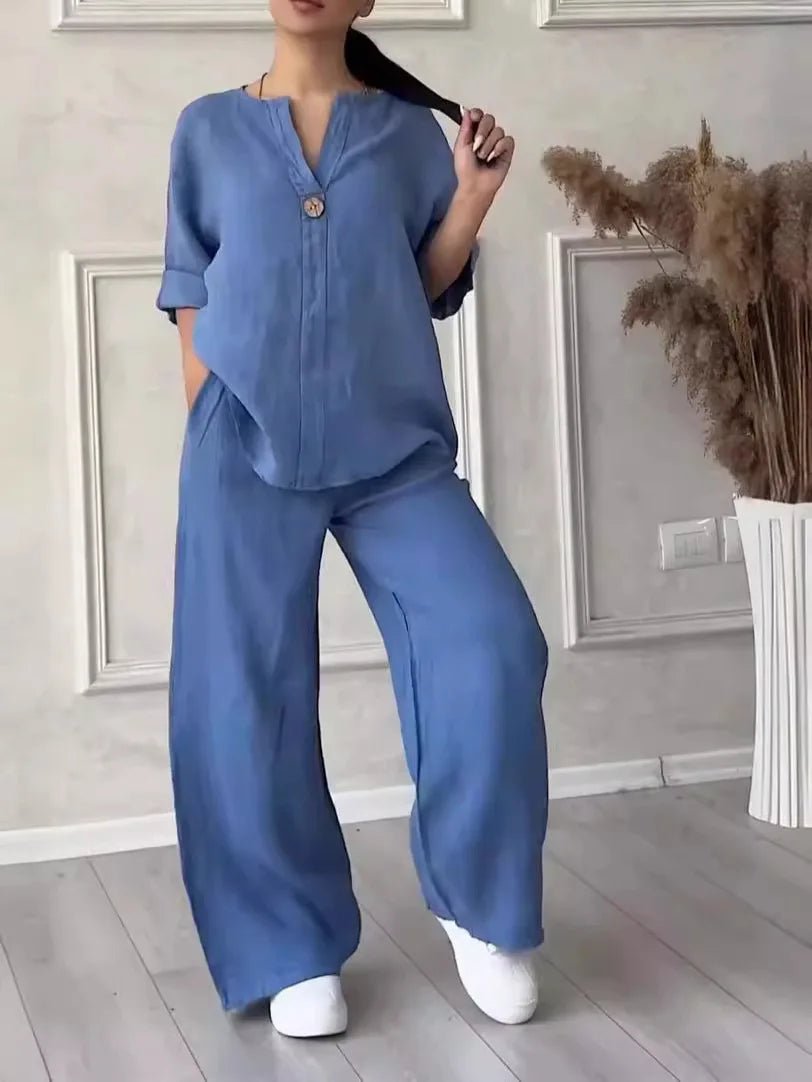 Cotton Linen Sets Two 2 Pieces Sale Casual Long Sleeve Button Loose Blouse Shirt&High Elastic Wide Leg Loose Pant Suits NMD-3021 - flohmarkt-deutschland.shop