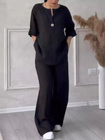 Cotton Linen Sets Two 2 Pieces Sale Casual Long Sleeve Button Loose Blouse Shirt&High Elastic Wide Leg Loose Pant Suits NMD-3021 - flohmarkt-deutschland.shop