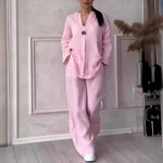 Cotton Linen Sets Two 2 Pieces Sale Casual Long Sleeve Button Loose Blouse Shirt&High Elastic Wide Leg Loose Pant Suits NMD-3021 - flohmarkt-deutschland.shop