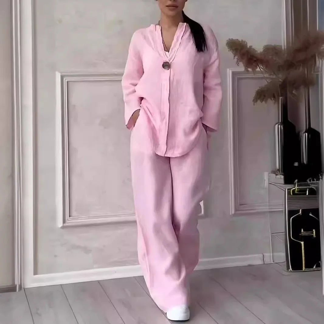 Cotton Linen Sets Two 2 Pieces Sale Casual Long Sleeve Button Loose Blouse Shirt&High Elastic Wide Leg Loose Pant Suits NMD-3021 - flohmarkt-deutschland.shop