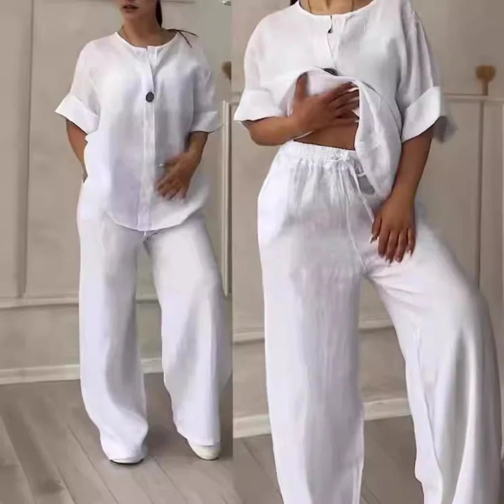 Cotton Linen Sets Two 2 Pieces Sale Casual Long Sleeve Button Loose Blouse Shirt&High Elastic Wide Leg Loose Pant Suits NMD-3021 - flohmarkt-deutschland.shop