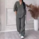 Cotton Linen Sets Two 2 Pieces Sale Casual Long Sleeve Button Loose Blouse Shirt&High Elastic Wide Leg Loose Pant Suits NMD-3021 - flohmarkt-deutschland.shop