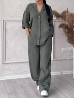 Cotton Linen Sets Two 2 Pieces Sale Casual Long Sleeve Button Loose Blouse Shirt&High Elastic Wide Leg Loose Pant Suits NMD-3021 - flohmarkt-deutschland.shop
