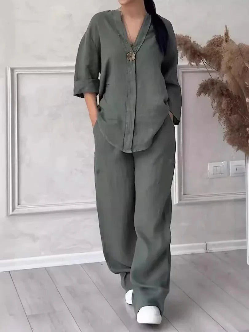 Cotton Linen Sets Two 2 Pieces Sale Casual Long Sleeve Button Loose Blouse Shirt&High Elastic Wide Leg Loose Pant Suits NMD-3021 - flohmarkt-deutschland.shop