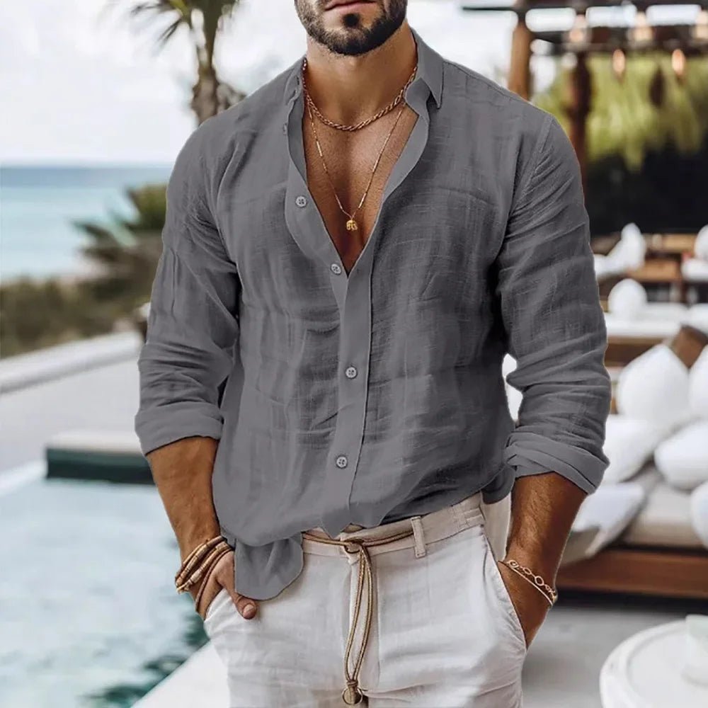 Cotton Linen Shirt for Men Summer Beach Style Solid Color Single Breasted Breathable Shirts Lightweight Stylish Button Tops - flohmarkt-deutschland.shop
