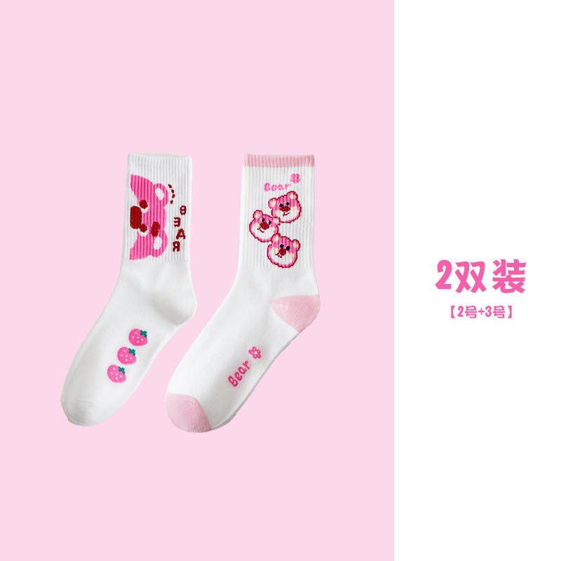Cute Cartoon Strawberry Bear Mid-Calf Socks for Students