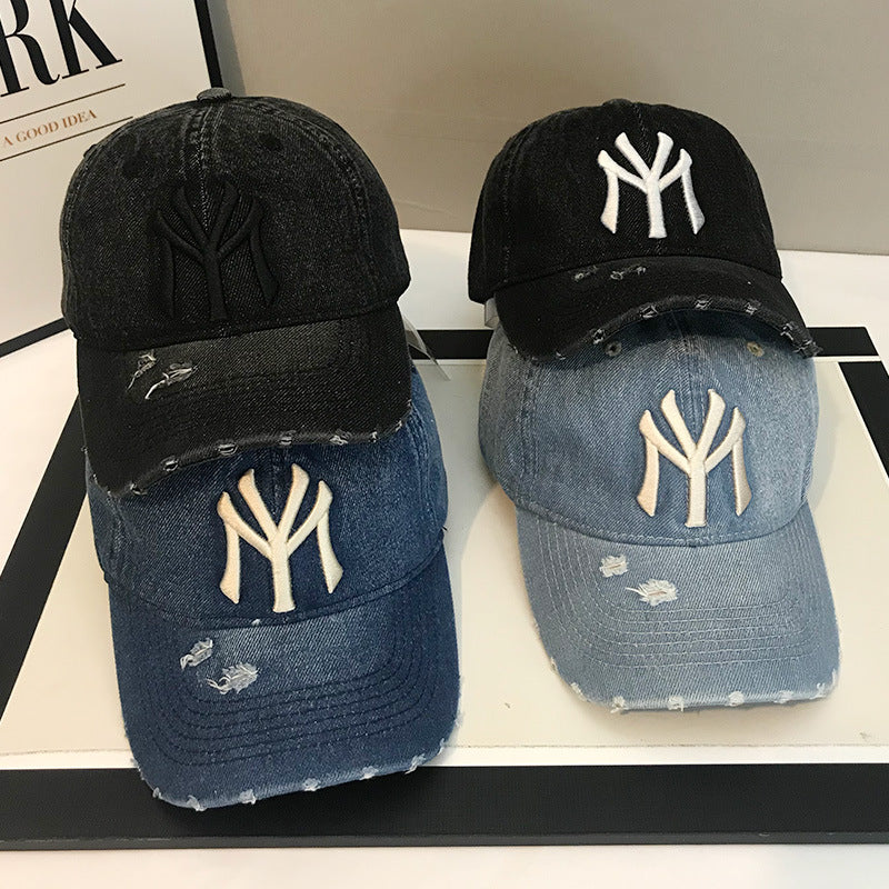 Korean Style Unisex Embroidered Distressed Baseball Cap