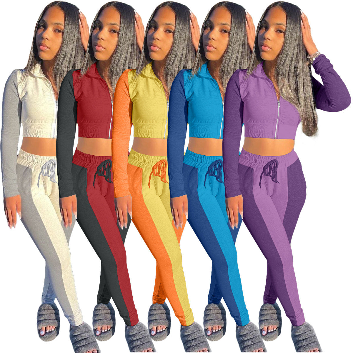 2020 Fall Winter Women's Fashion Color Block Cardigan Set