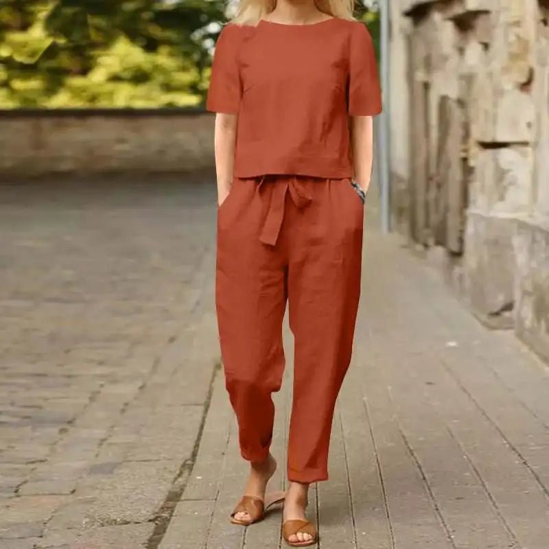 Damen-Anzug aus Baumwolle und Leinen, Sommer-passender Anzug, halbärmelige Rundhals-Krawatte, elastische Taille, Hose mit weitem Bein, Retro-Anzug 2024 - flohmarkt-deutschland.shop