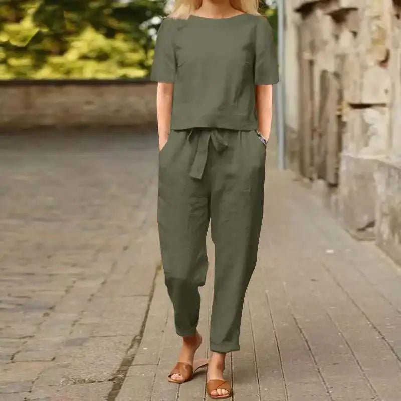 Damen-Anzug aus Baumwolle und Leinen, Sommer-passender Anzug, halbärmelige Rundhals-Krawatte, elastische Taille, Hose mit weitem Bein, Retro-Anzug 2024 - flohmarkt-deutschland.shop